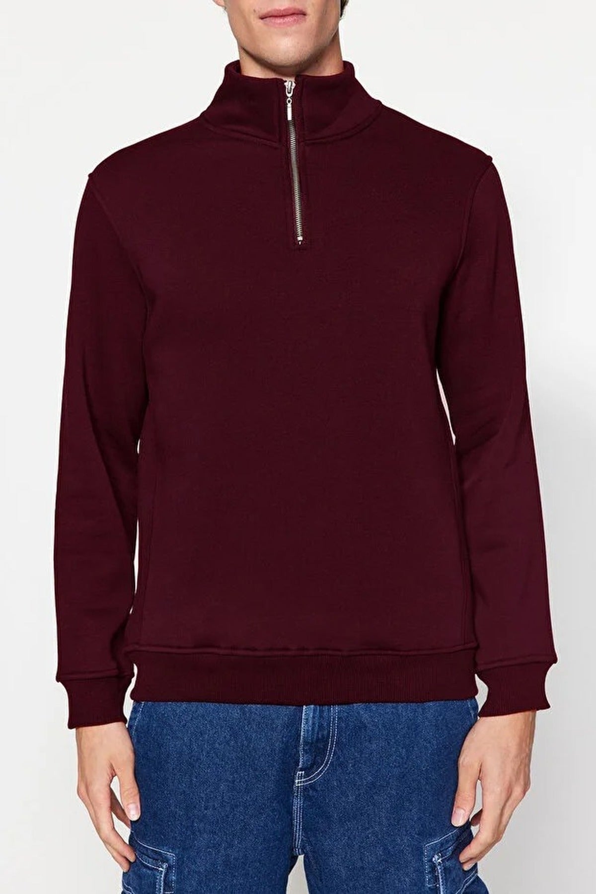 Stand Collar Zippered Basic Sweatshirt