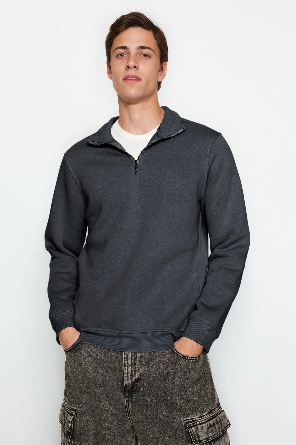 Stand Collar Zippered Basic Sweatshirt