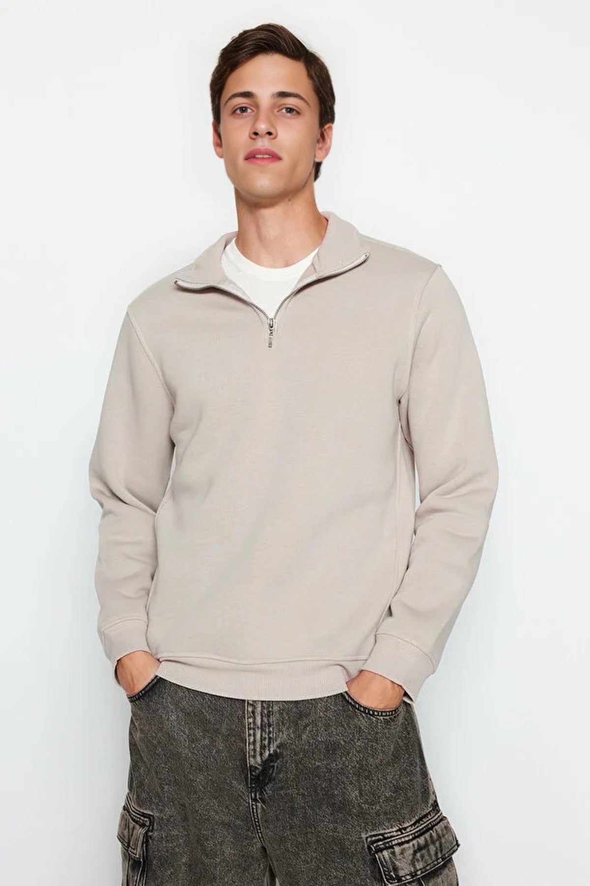 Stand Collar Zippered Basic Sweatshirt