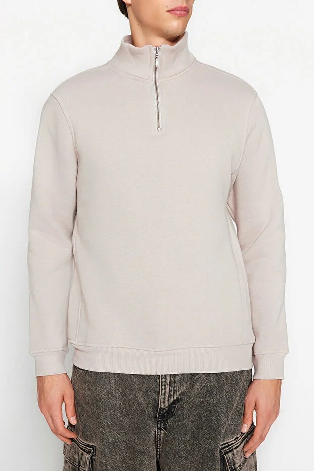 Stand Collar Zippered Basic Sweatshirt