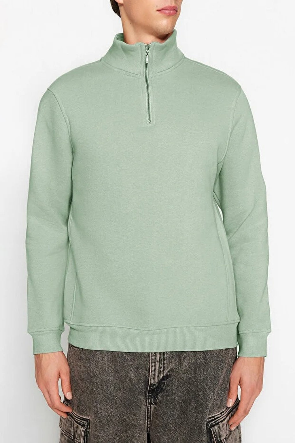 Stand Collar Zippered Basic Sweatshirt