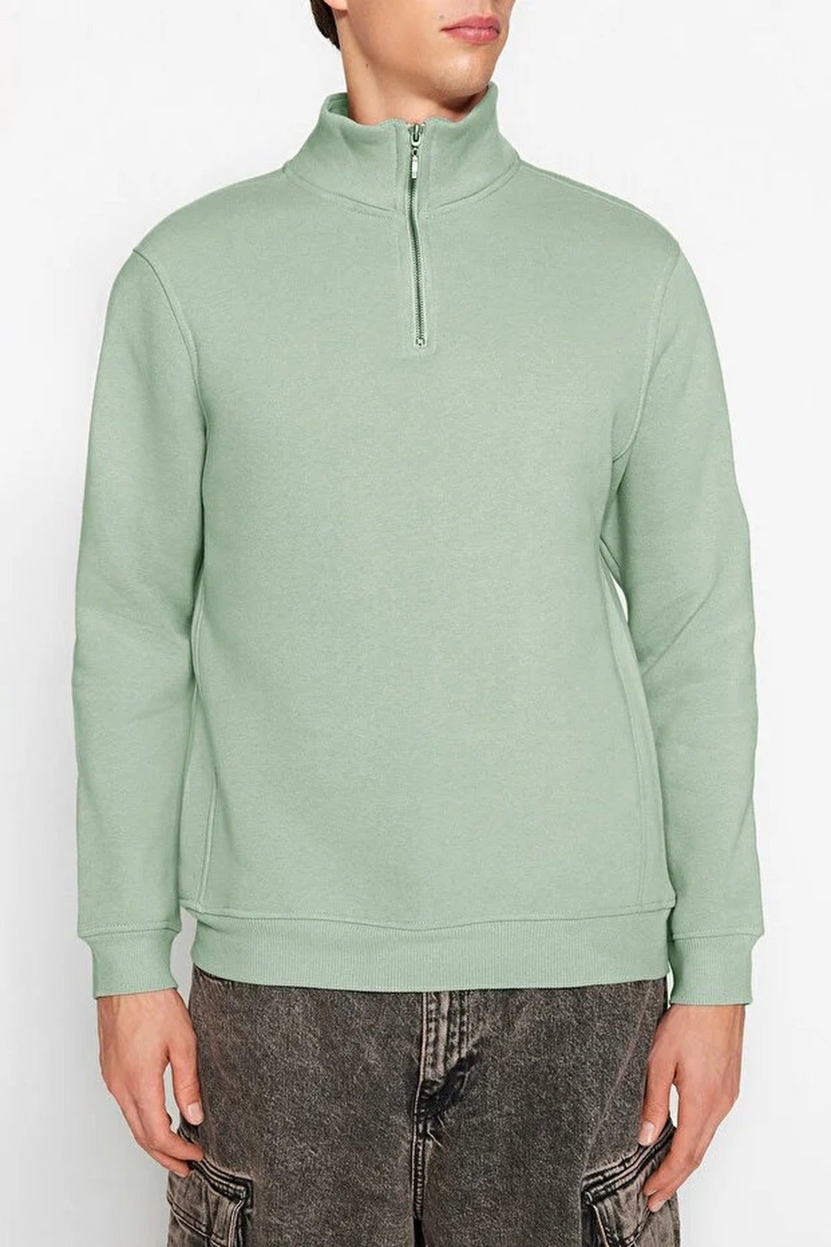 Stand Collar Zippered Basic Sweatshirt