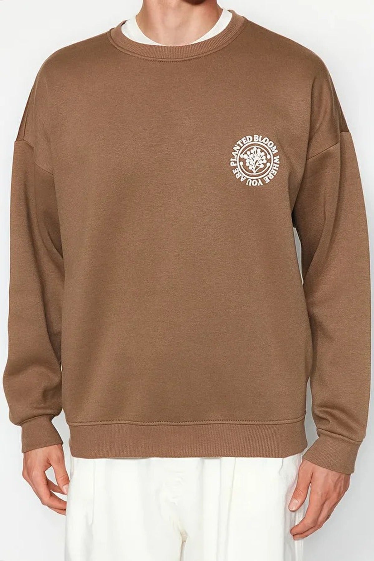 Floral Embroidered Cotton Sweatshirt with Fleece Lining