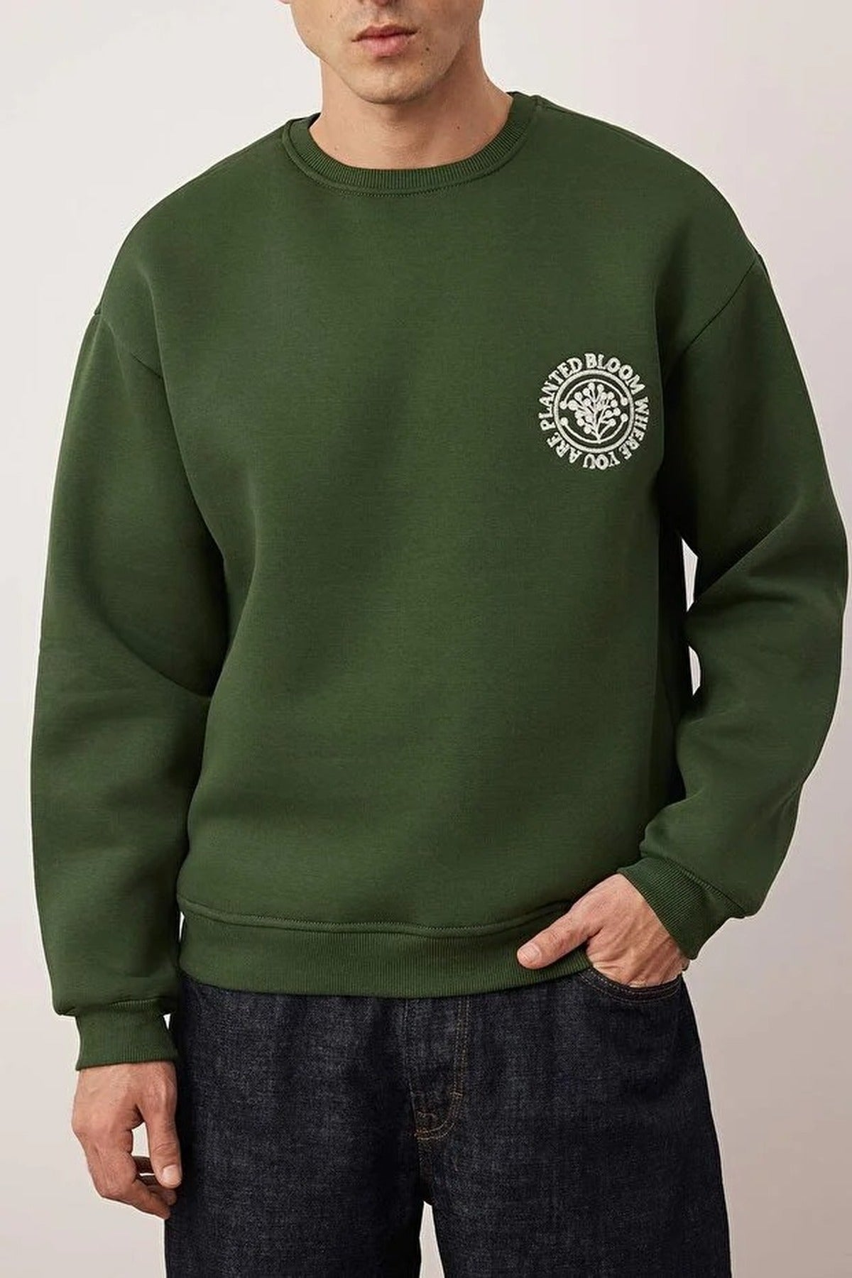 Floral Embroidered Cotton Sweatshirt with Fleece Lining