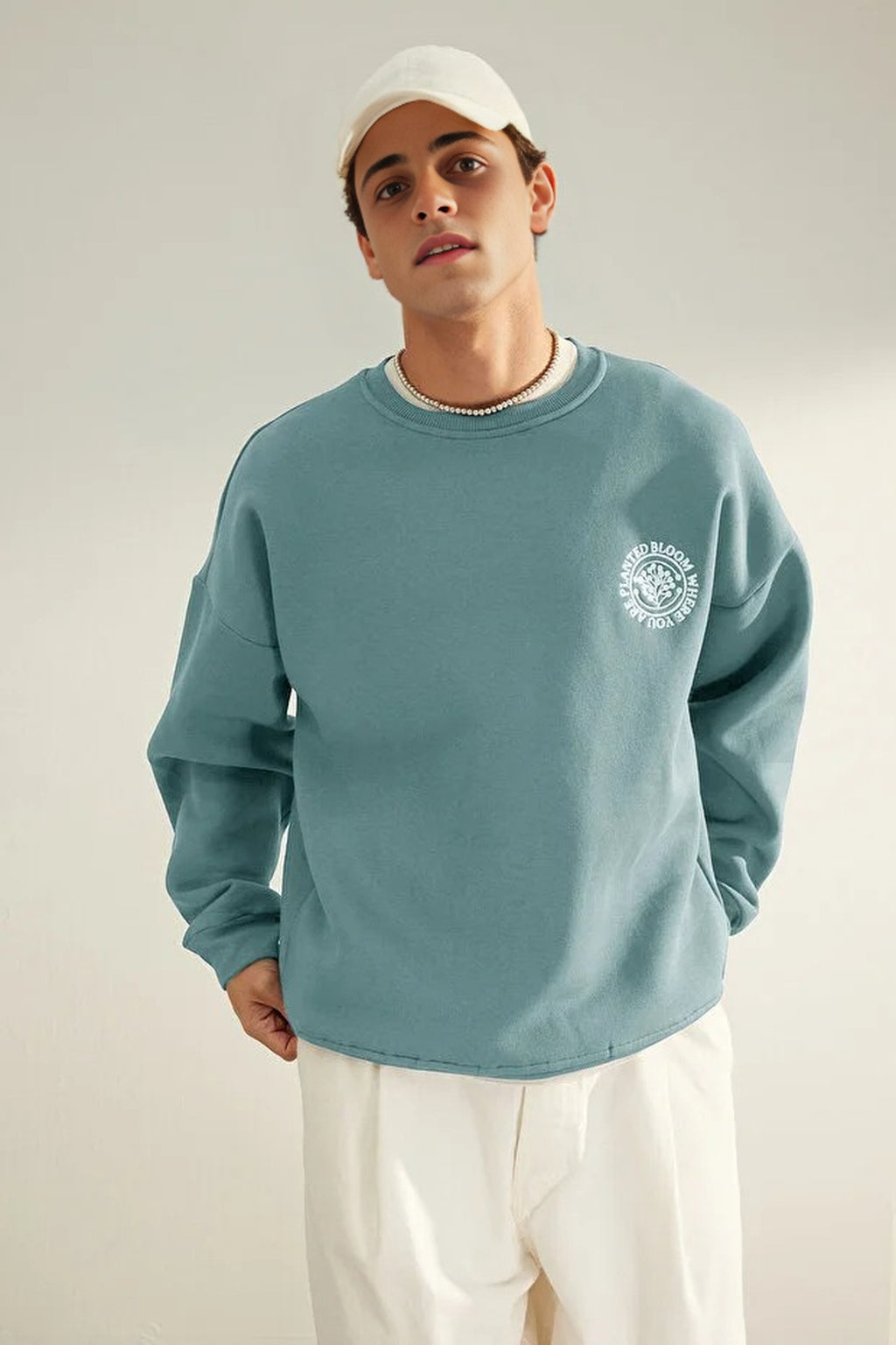 Floral Embroidered Cotton Sweatshirt with Fleece Lining