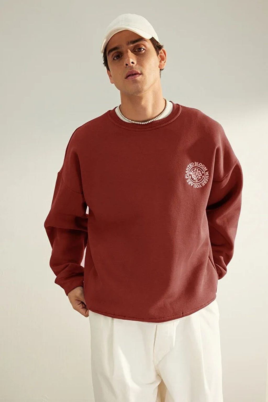 Floral Embroidered Cotton Sweatshirt with Fleece Lining