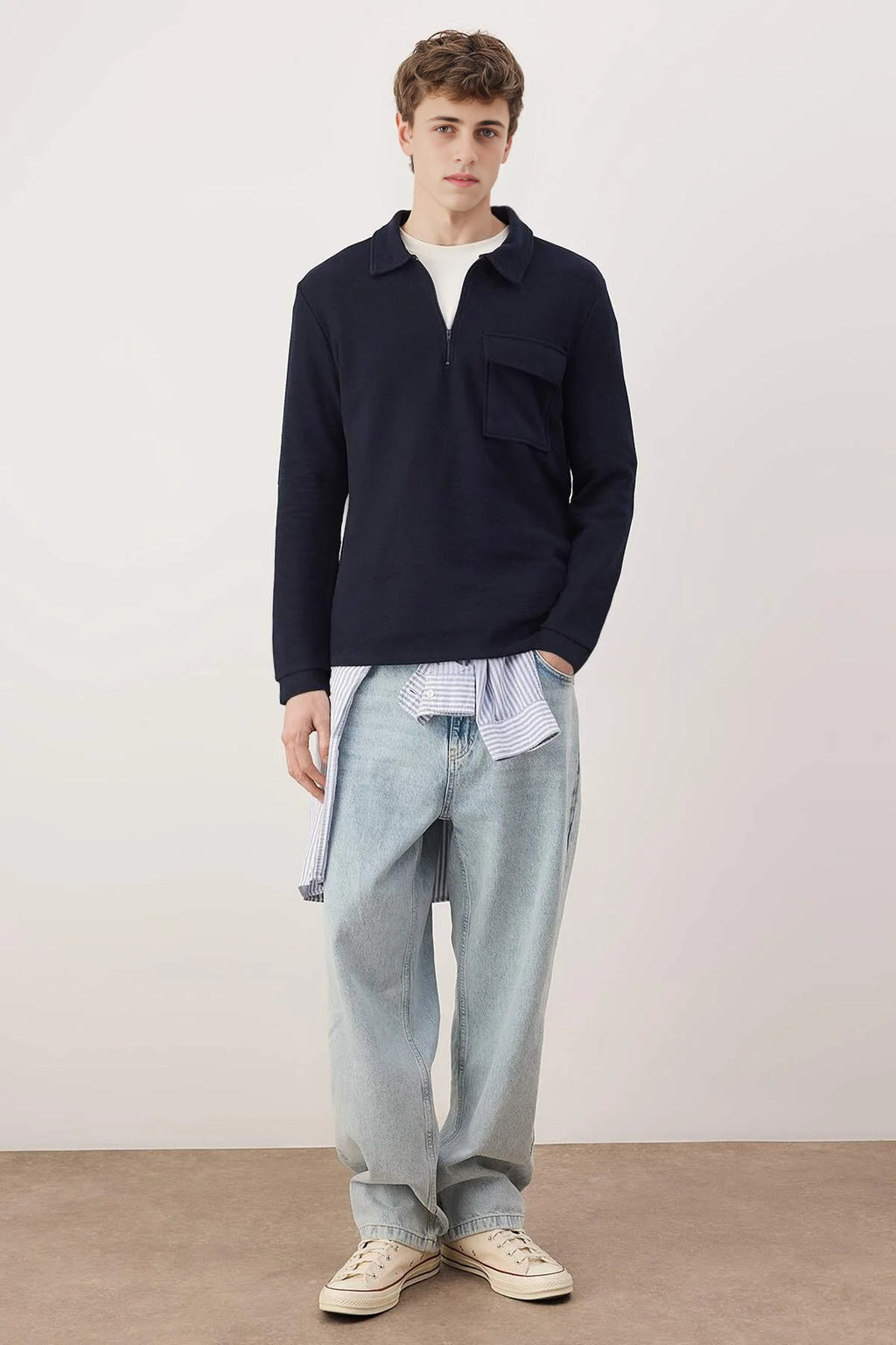Polo Collar Zippered Sweatshirt with Pocket Detail