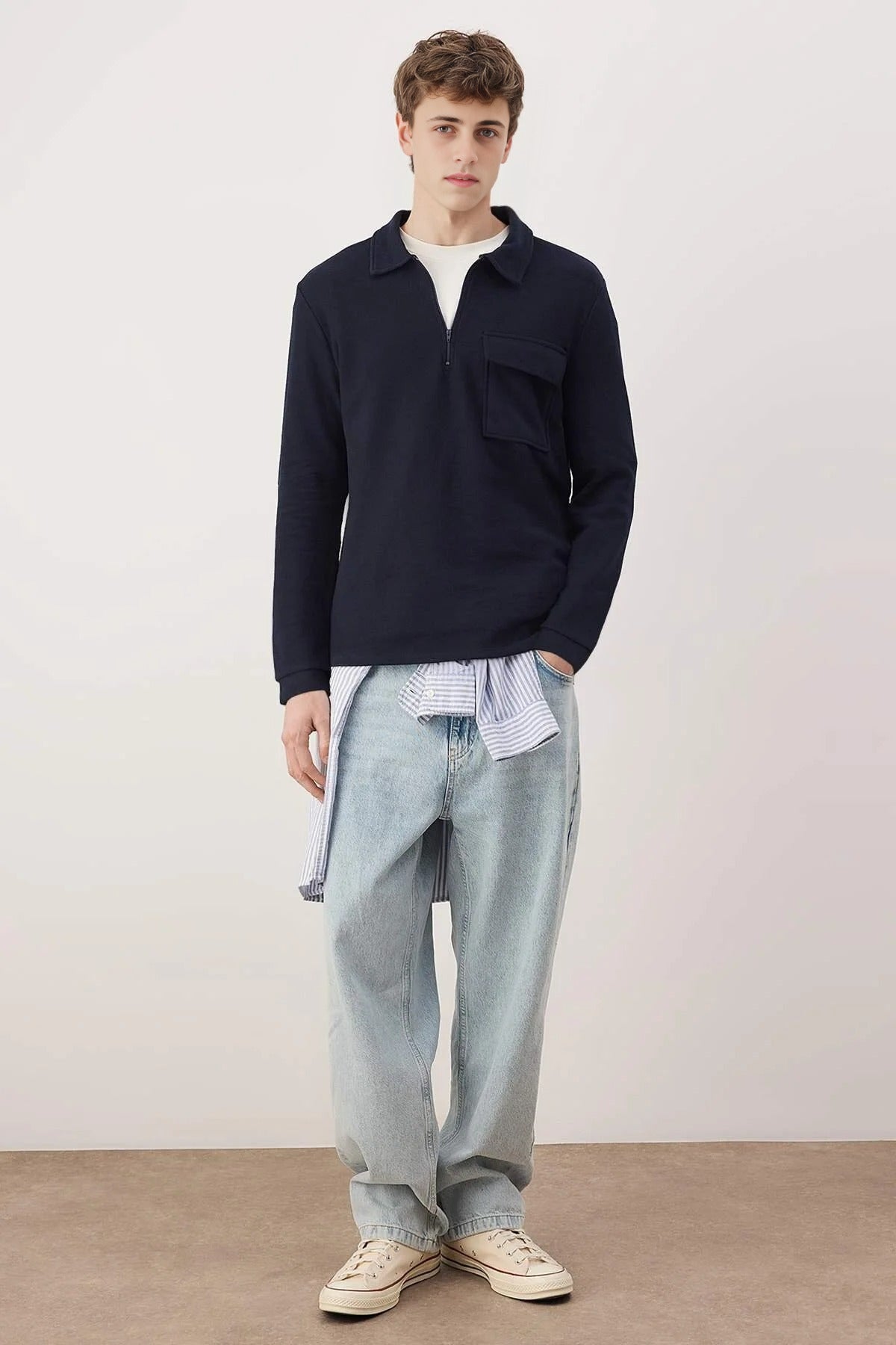 Polo Collar Zippered Sweatshirt with Pocket Detail