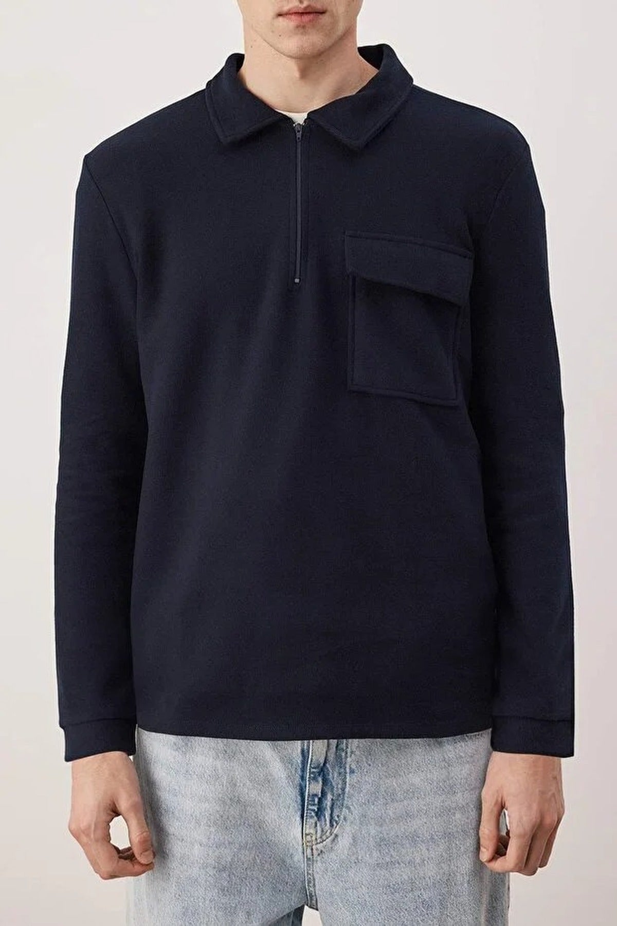 Polo Collar Zippered Sweatshirt with Pocket Detail