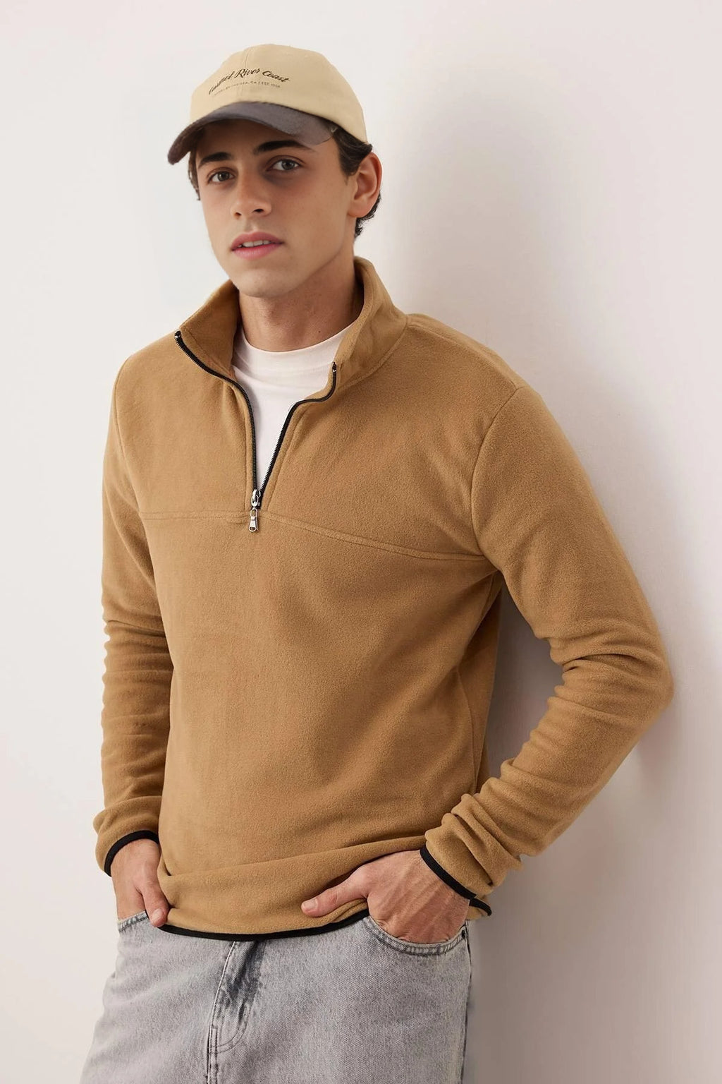 Regular Stand Collar Zippered Polar Fleece Sweatshirt with Stitching Details