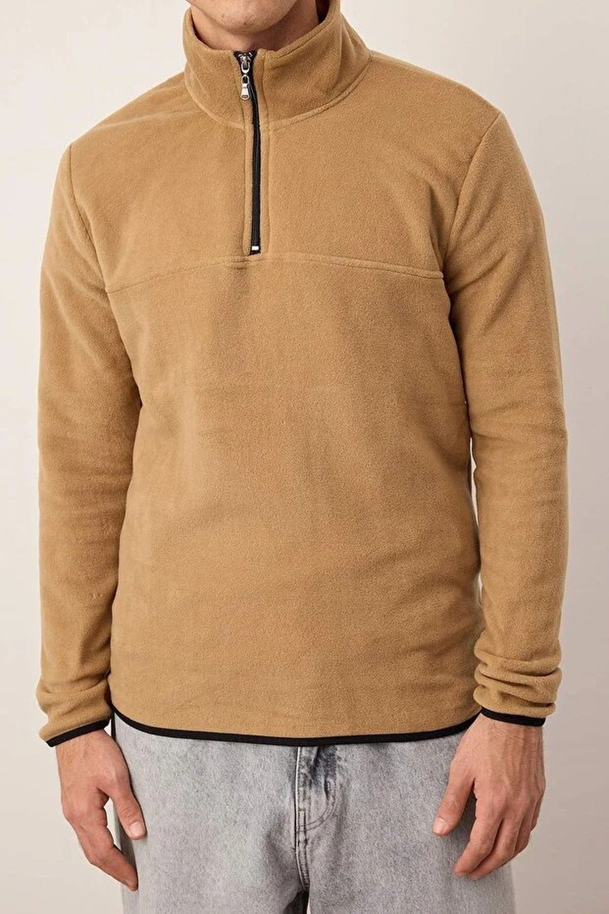 Regular Stand Collar Zippered Polar Fleece Sweatshirt with Stitching Details