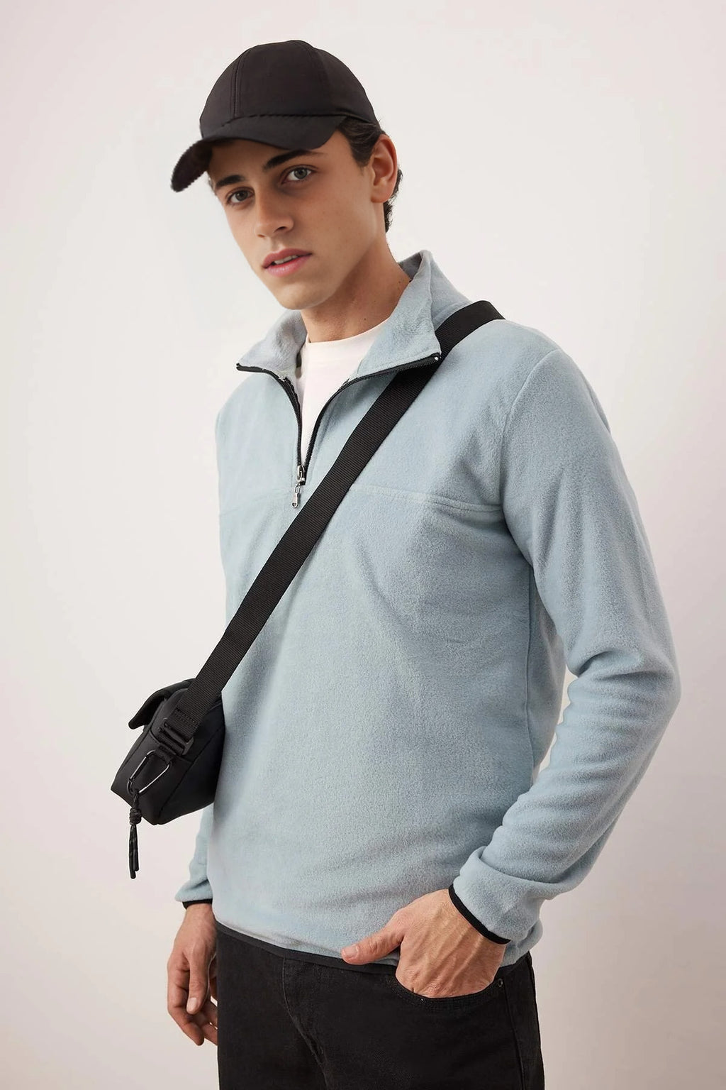 Regular Stand Collar Zippered Polar Fleece Sweatshirt with Stitching Details