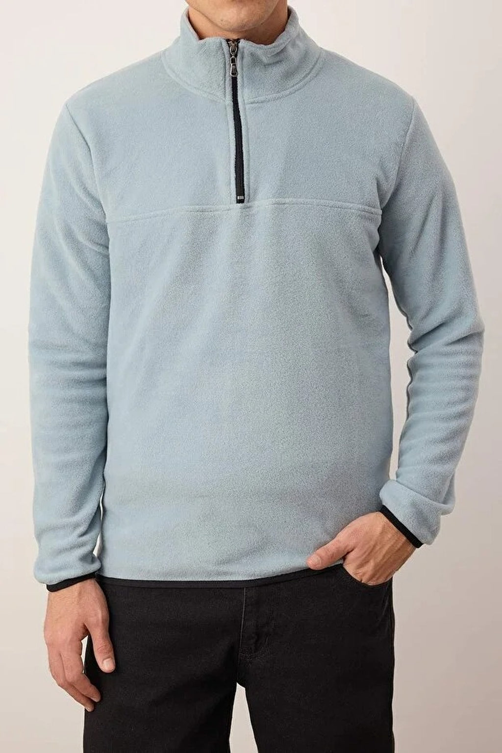 Regular Stand Collar Zippered Polar Fleece Sweatshirt with Stitching Details