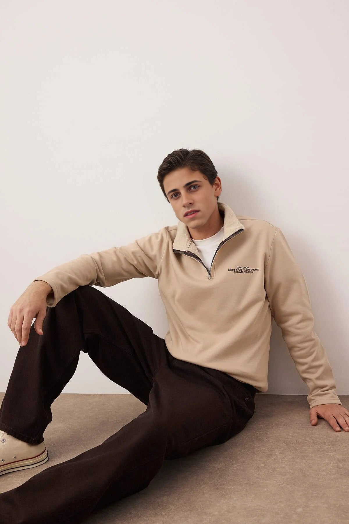 Regular Stand Collar Embroidered Fleece Inside Sweatshirt