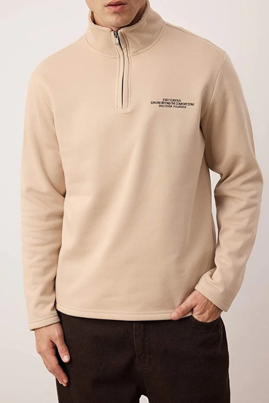 Regular Stand Collar Embroidered Fleece Inside Sweatshirt
