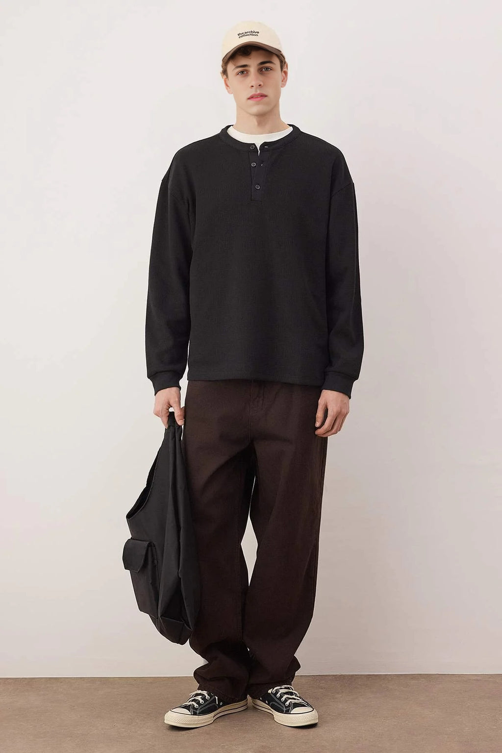 Waffle Textured Long Sleeve Button-Down T-shirt