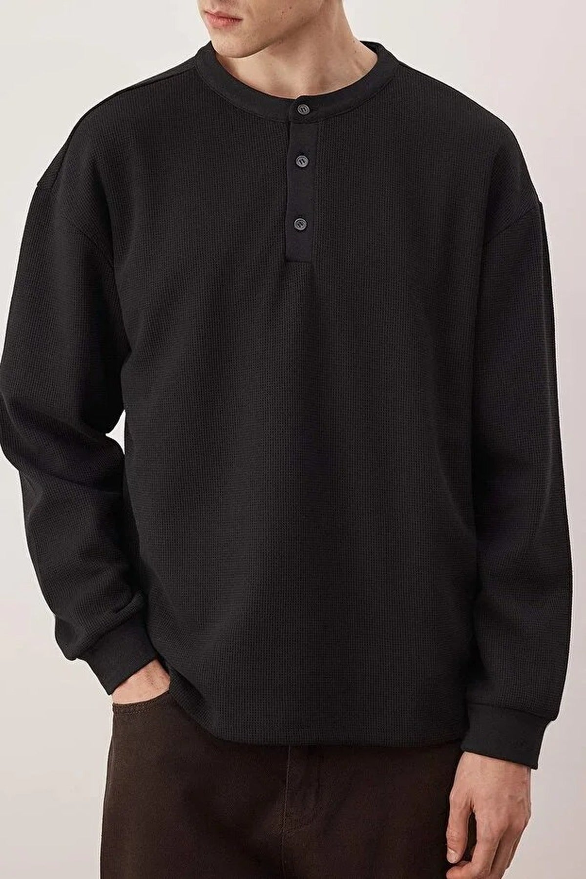 Waffle Textured Long Sleeve Button-Down T-shirt