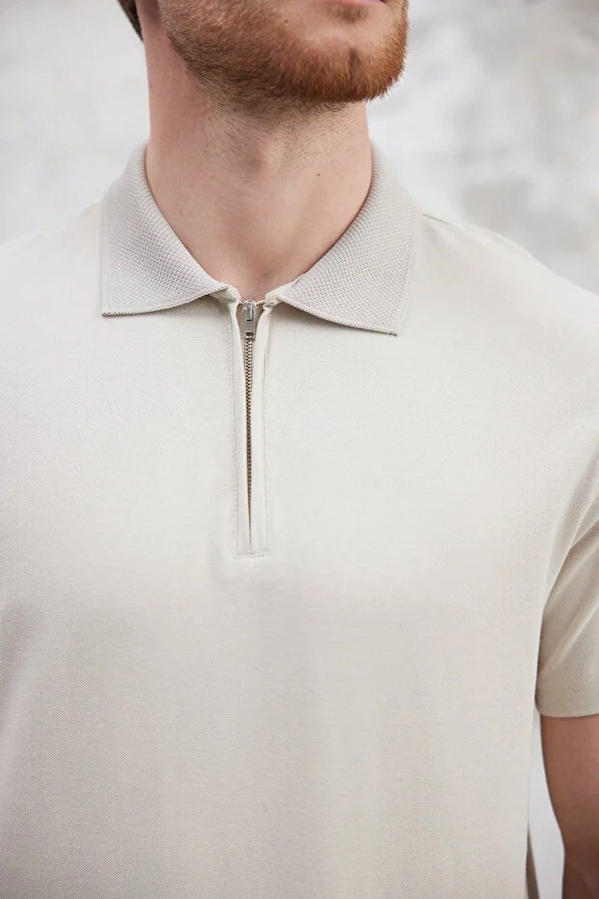 Regular Zippered 100% Cotton Polo Collar T-shirt