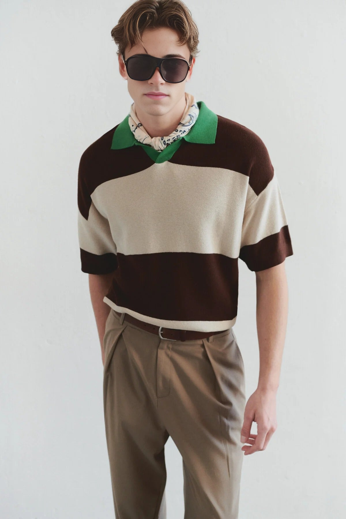 Oversize Color-Block Knit Polo Neck T-shirt