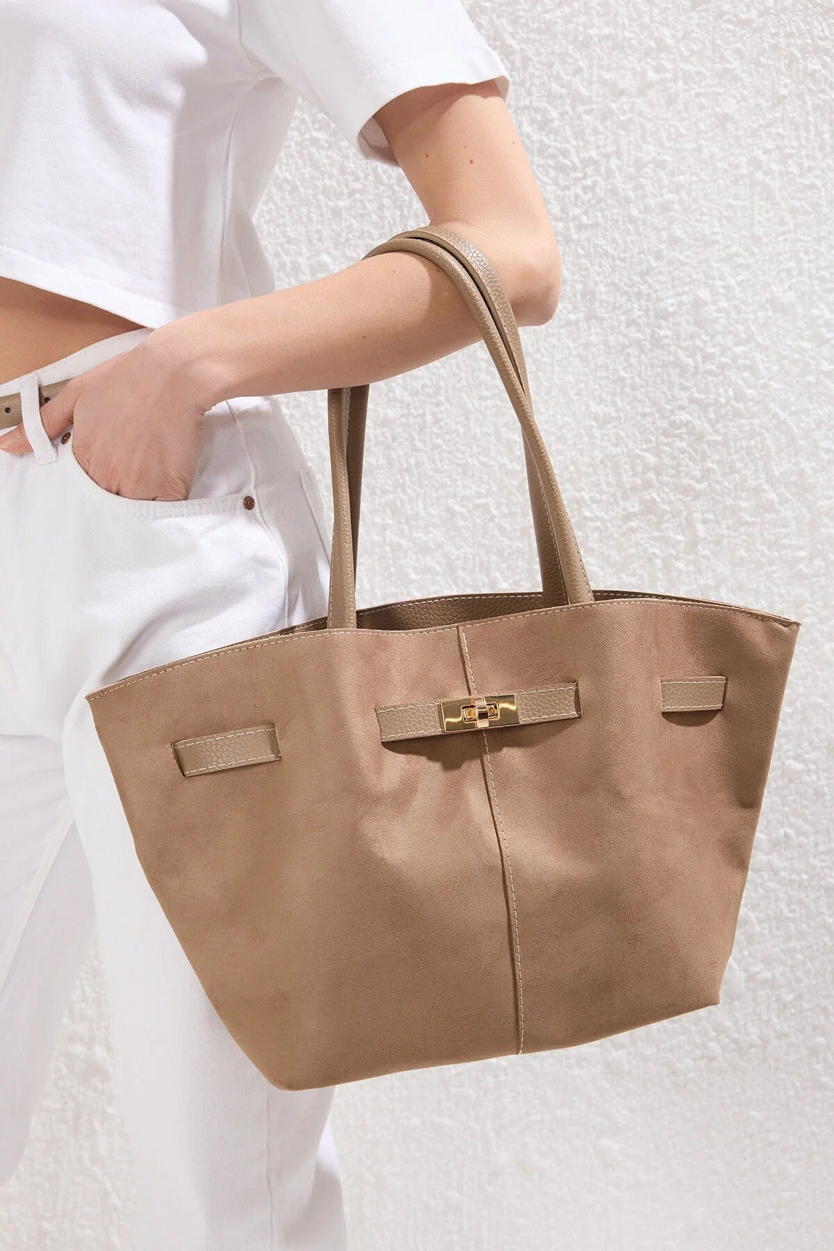 Soft Suede Handle and Crossbody Tote Shoulder Bag