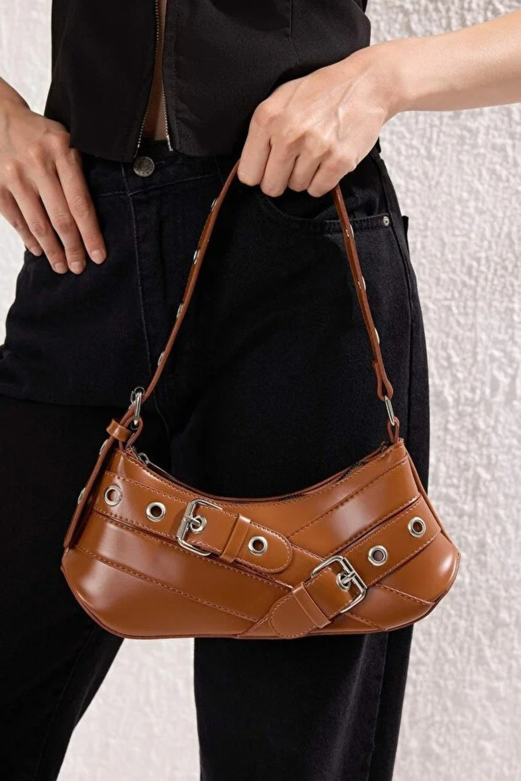Baguette Shoulder Bag with Belt Buckle Detail