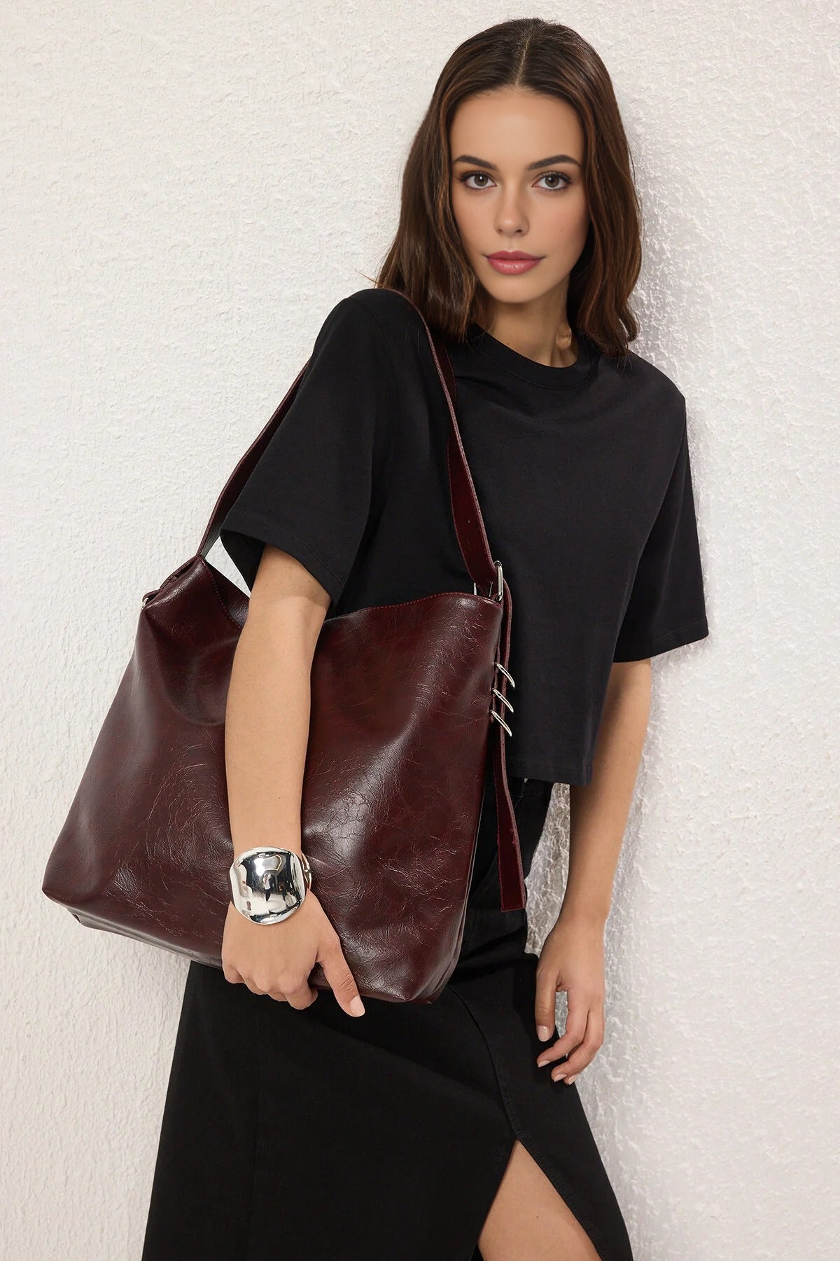 Wrinkled Faux Leather Belt Buckle Pouch Shoulder Bag