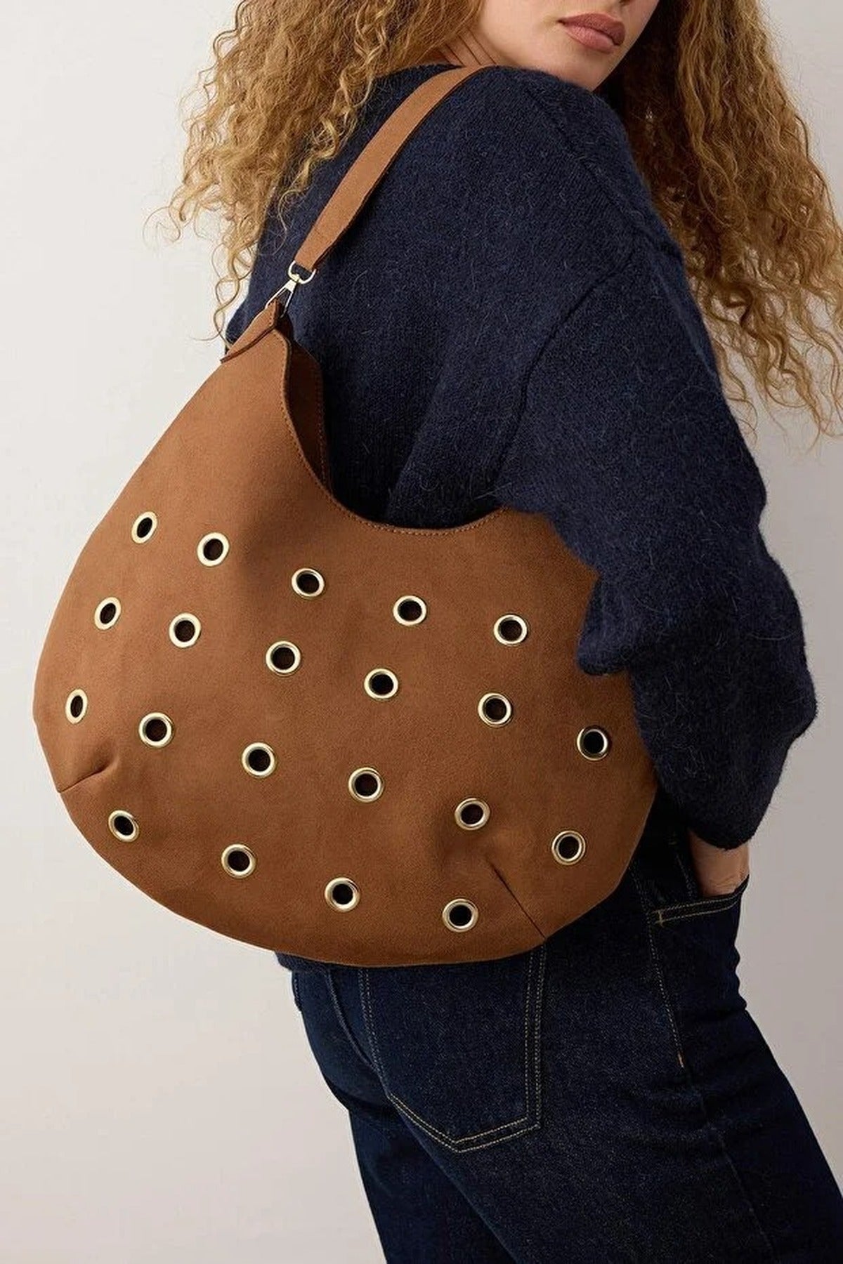 Suede Eyelet Detailed Women's Shoulder Bag