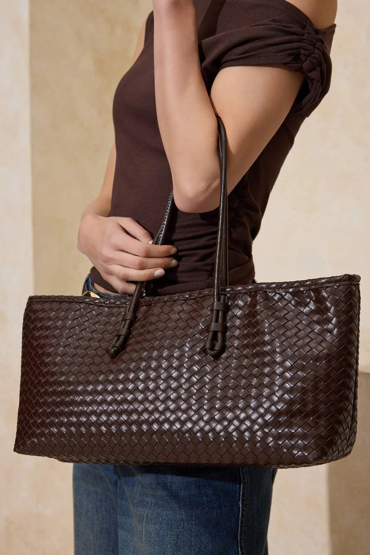 Women's Midi Shoulder Bag with Knitted Details