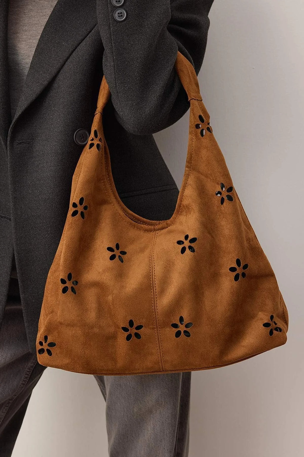 Suede Women's Midi Shoulder Bag with Matching Makeup Pouch