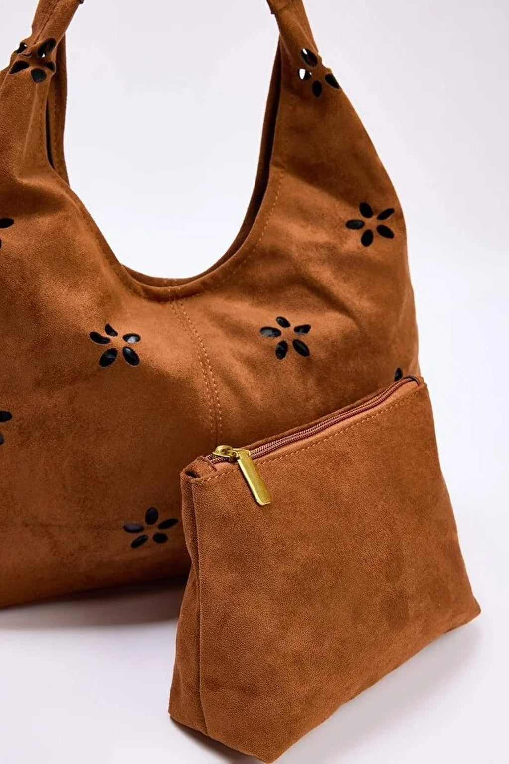 Suede Women's Midi Shoulder Bag with Matching Makeup Pouch