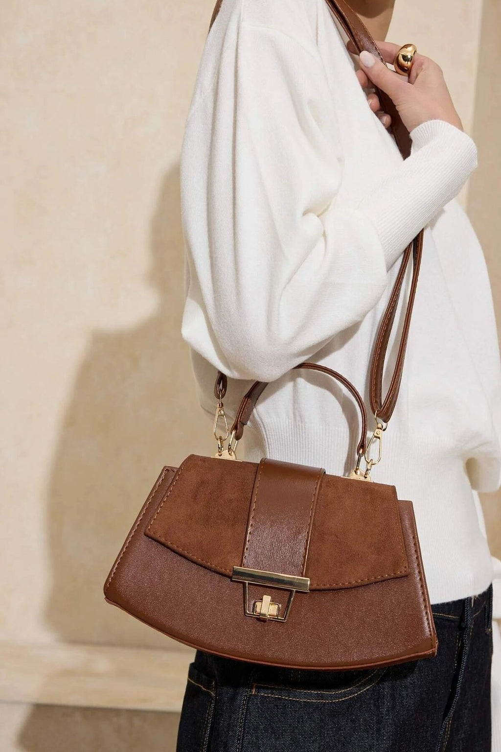 Suede Women's Mini Shoulder Bag with Accessory Closure