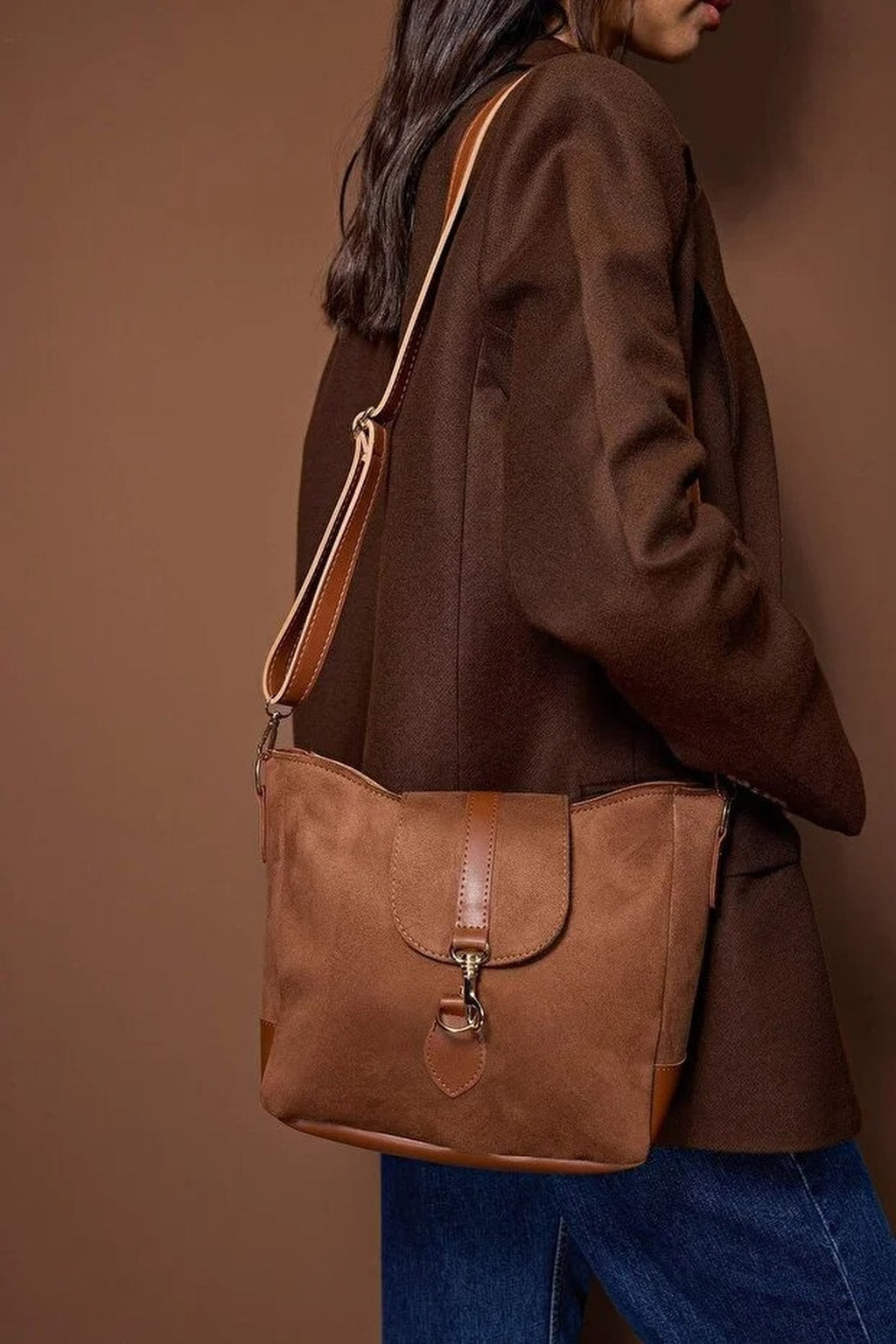 Suede Women's Midi Tote Shoulder Bag with Buckle Detail