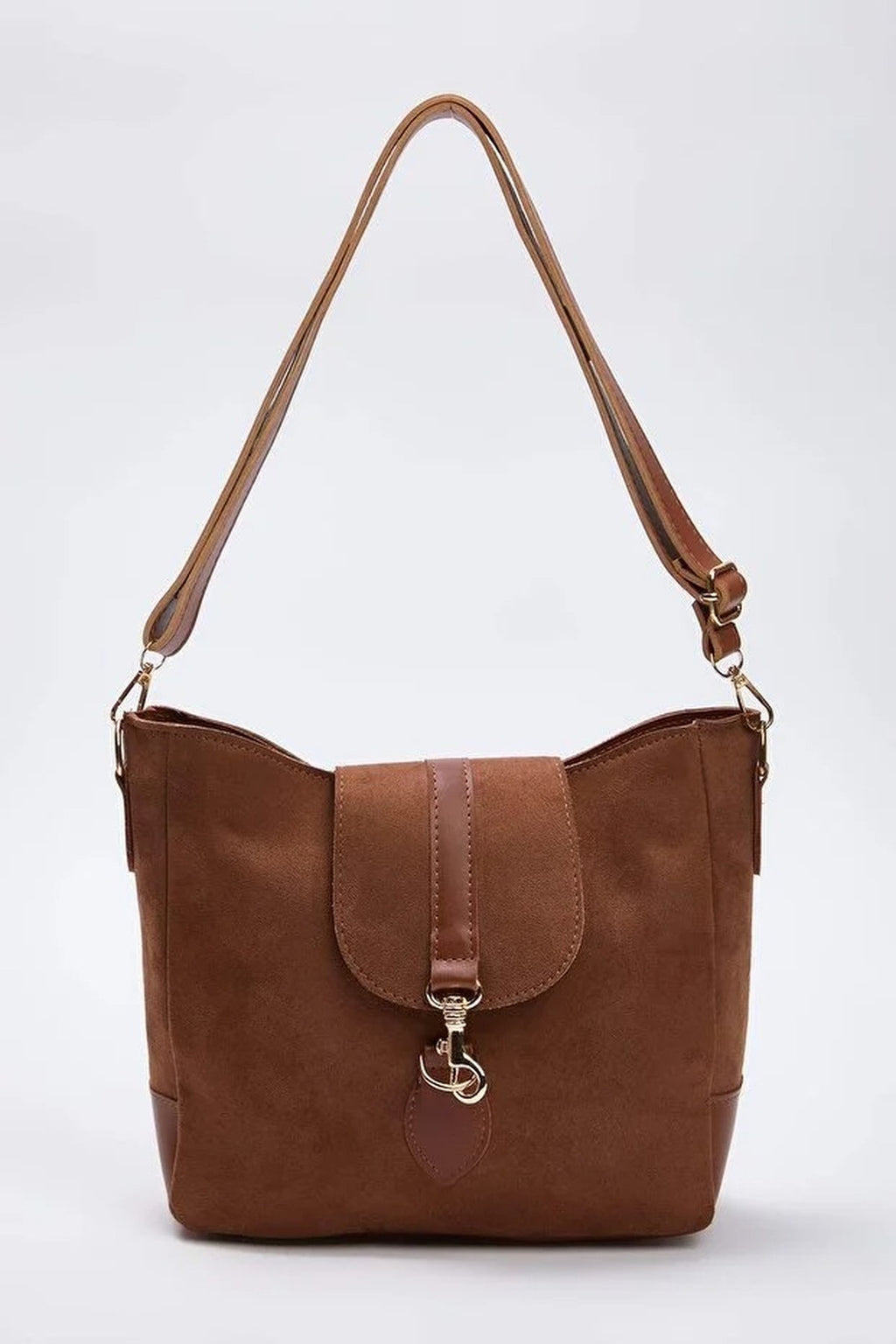 Suede Women's Midi Tote Shoulder Bag with Buckle Detail