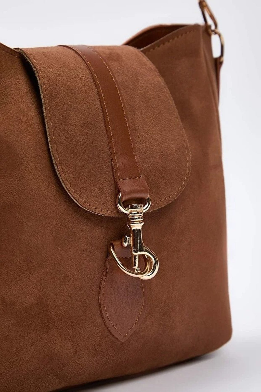 Suede Women's Midi Tote Shoulder Bag with Buckle Detail