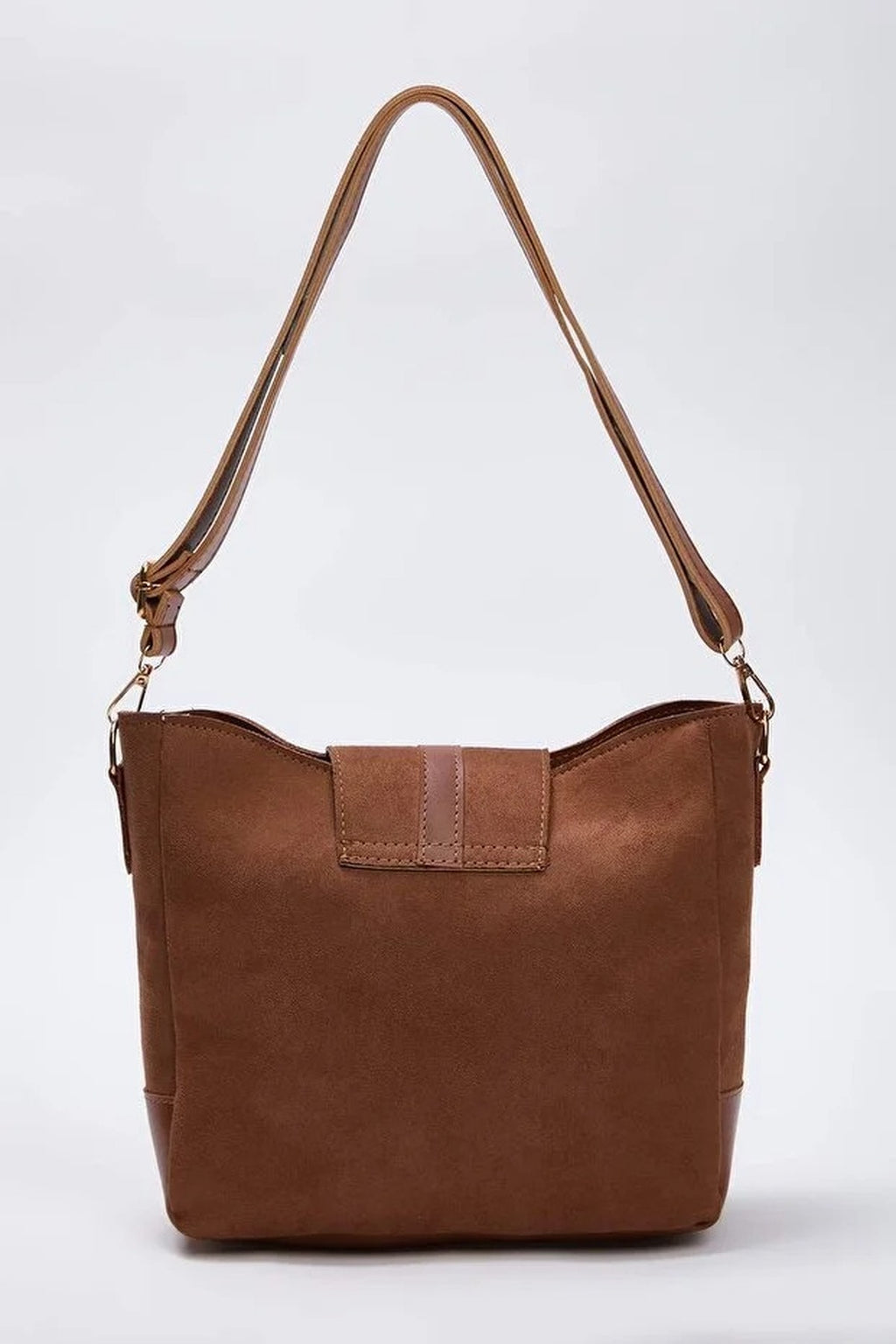 Suede Women's Midi Tote Shoulder Bag with Buckle Detail