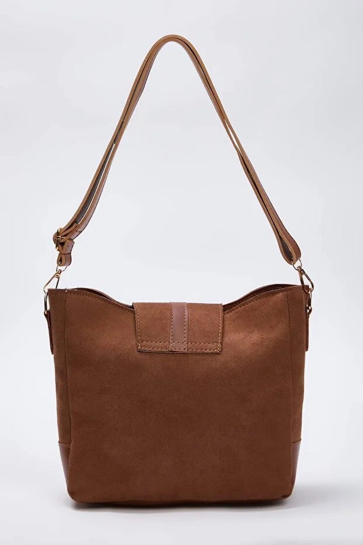 Suede Women's Midi Tote Shoulder Bag with Buckle Detail