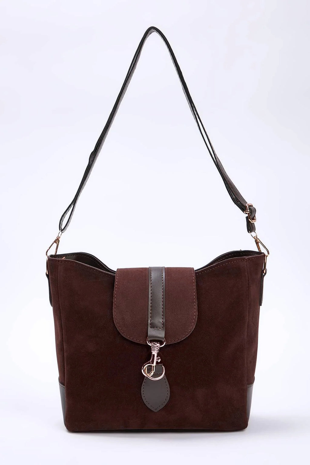 Suede Women's Midi Tote Shoulder Bag with Buckle Detail