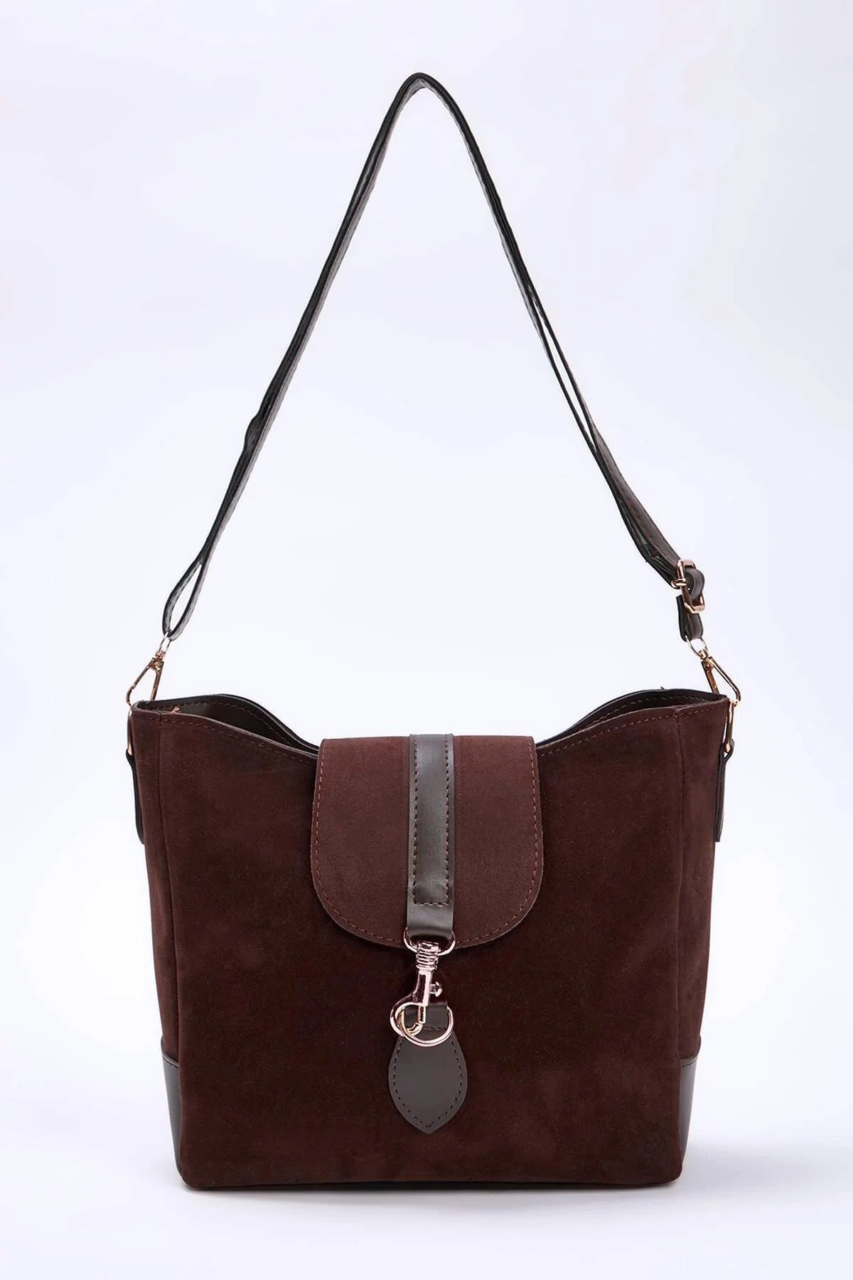 Suede Women's Midi Tote Shoulder Bag with Buckle Detail