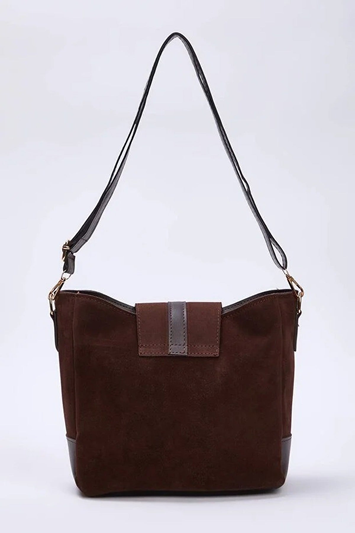 Suede Women's Midi Tote Shoulder Bag with Buckle Detail