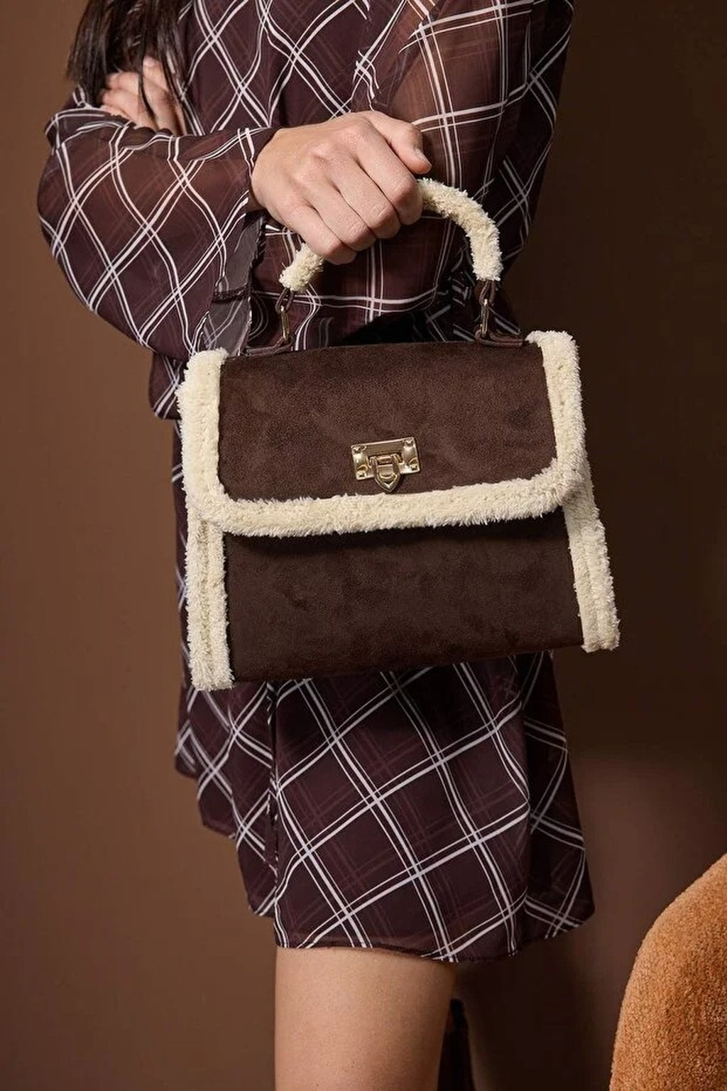 Suede Women's Shoulder Bag with Plush Details