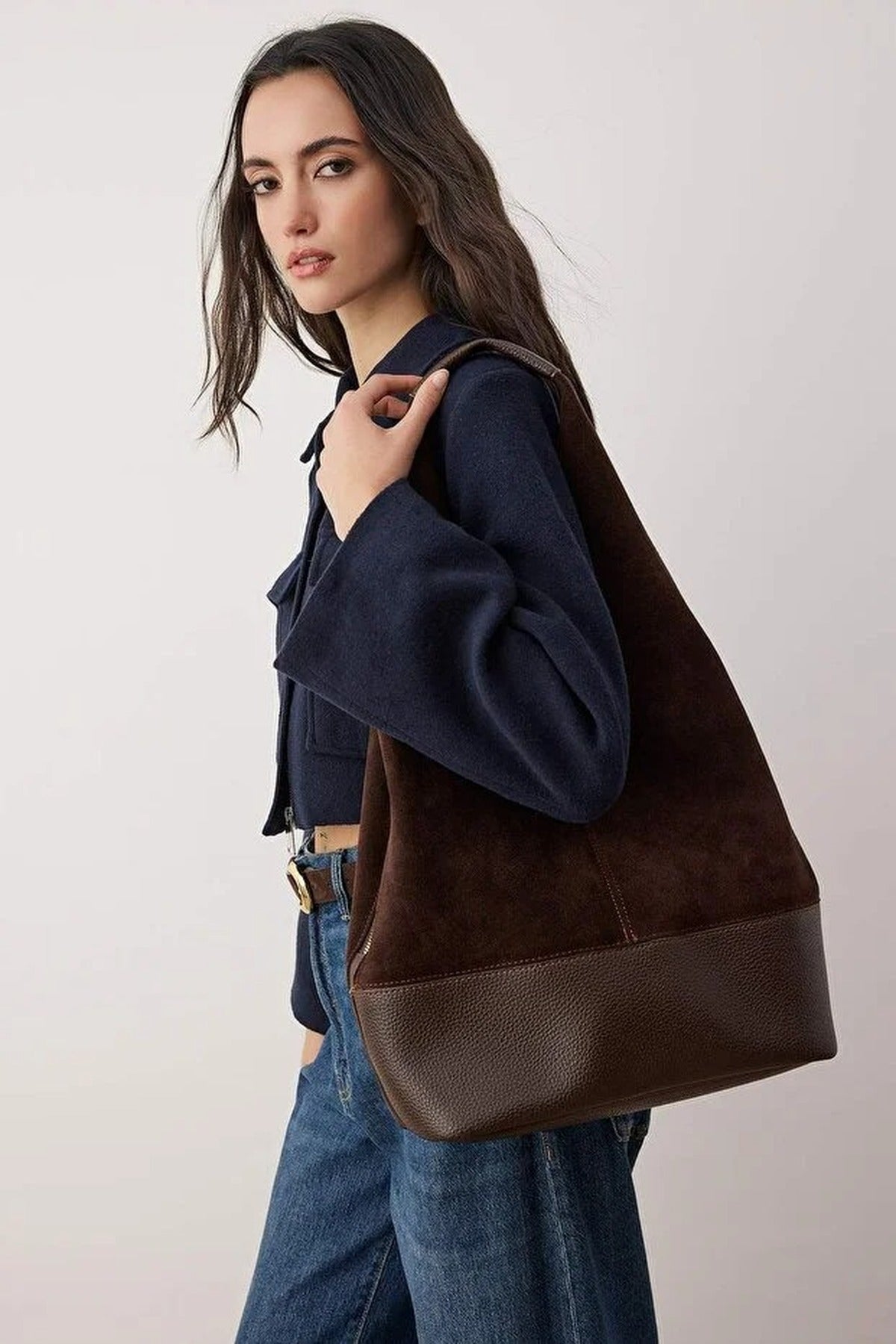 Genuine Leather Midi Shoulder Bag with Zipper Expandable