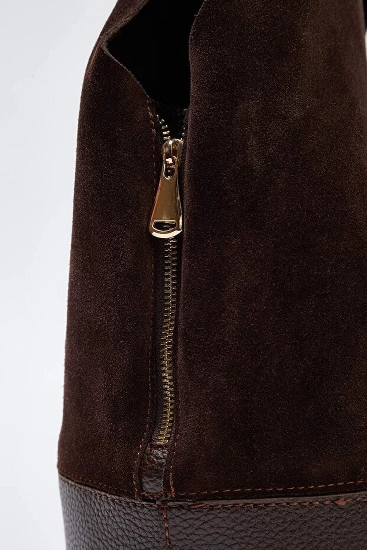 Genuine Leather Midi Shoulder Bag with Zipper Expandable