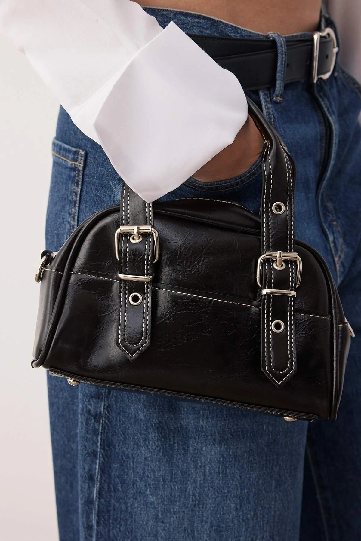 Women's Bowling Mini City Hand and Shoulder Bag with Contrast Stitching
