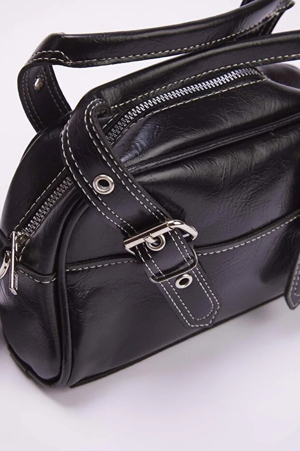 Women's Bowling Mini City Hand and Shoulder Bag with Contrast Stitching