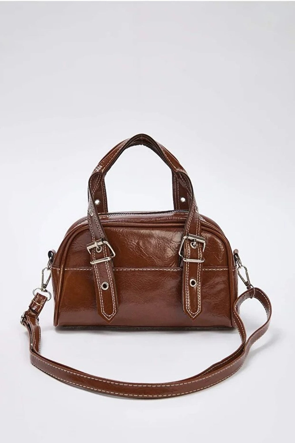 Women's Bowling Mini City Hand and Shoulder Bag with Contrast Stitching