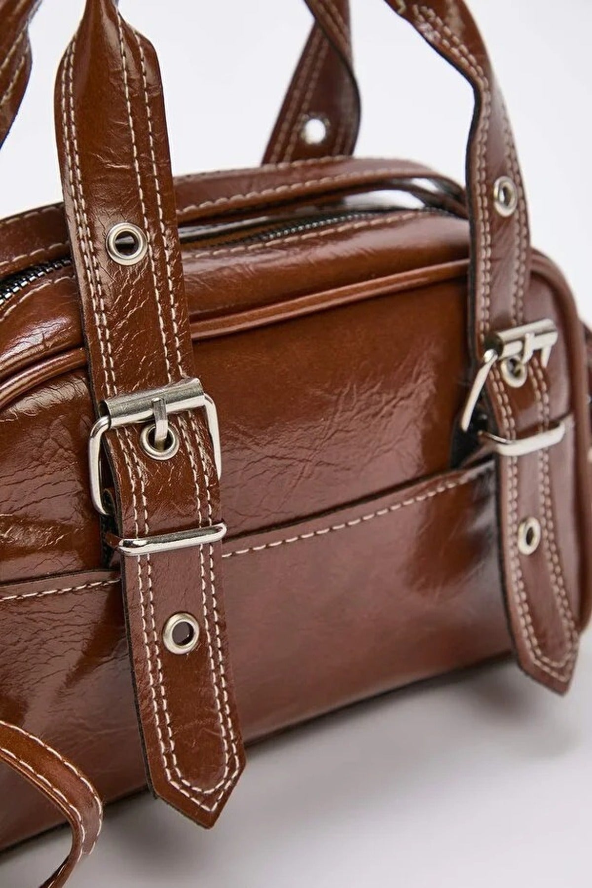 Women's Bowling Mini City Hand and Shoulder Bag with Contrast Stitching