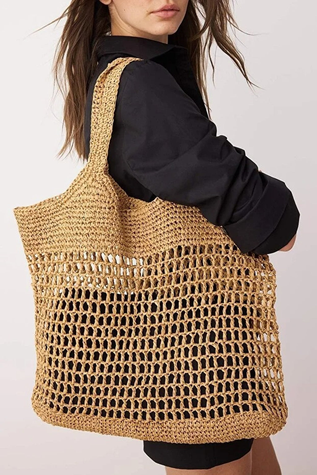 Woven Natural Raffia Straw Hand-Knitted Large Women's Shoulder Bag