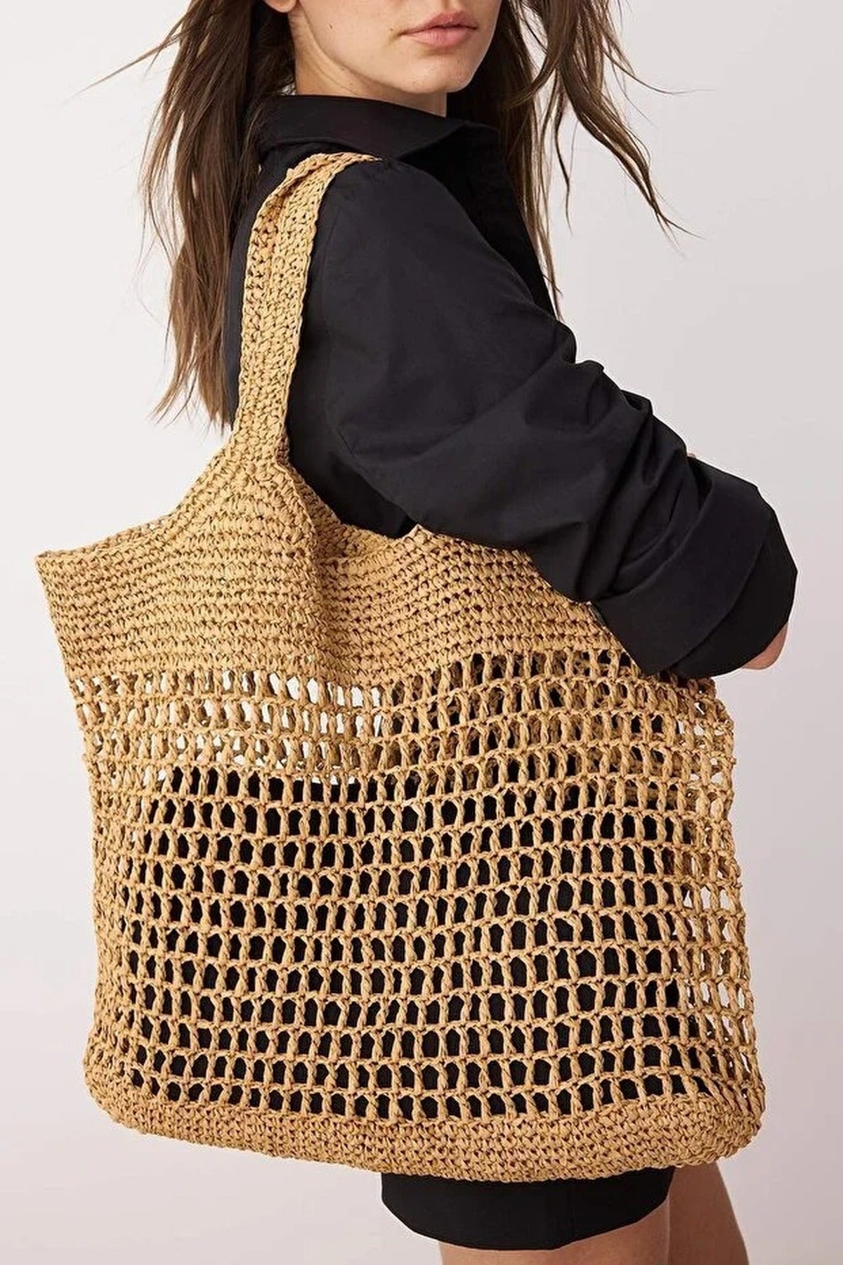 Woven Natural Raffia Straw Hand-Knitted Large Women's Shoulder Bag