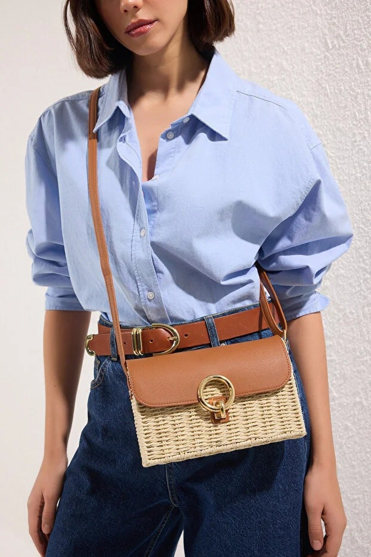 Straw Contrast Women's Small Shoulder Bag