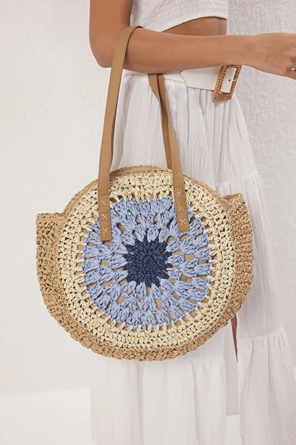 Color Block Hand-Knitted Woven Straw Women's Medium Size Round Shoulder Bag